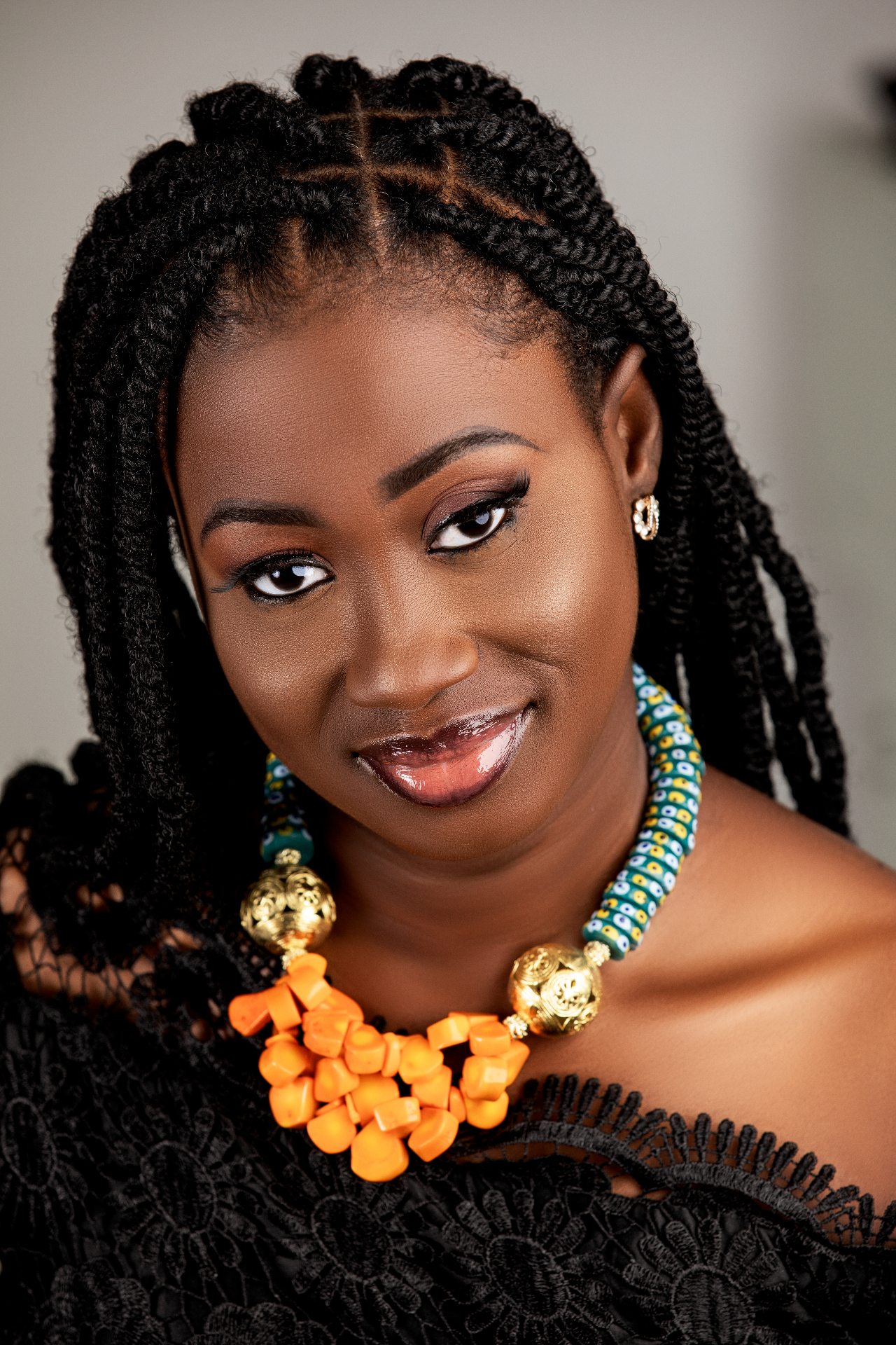Model wearing handcrafted beaded jewelry